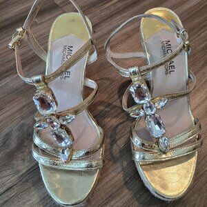 Michael Kors Gold Rhinestone Jayden Espadrille Wedge Strappy Sandal Heel Size 7
